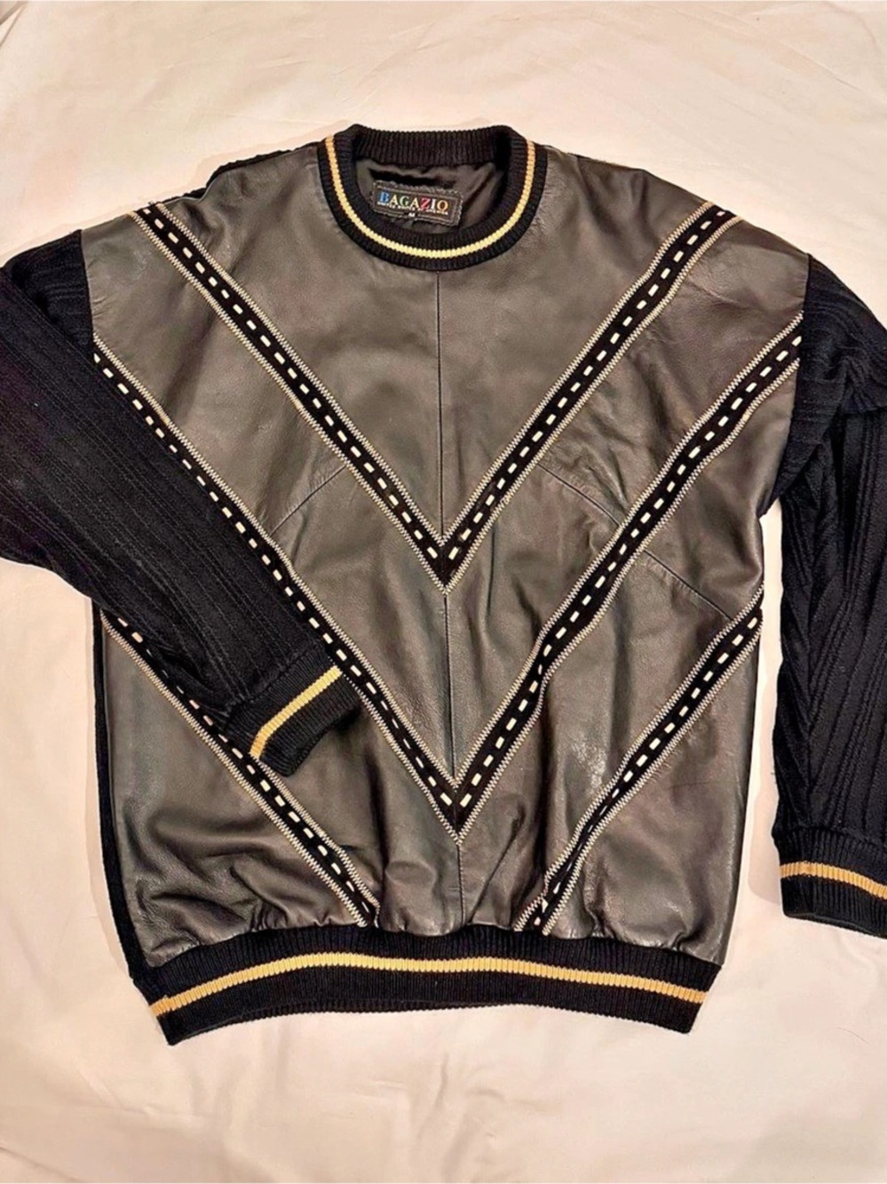 Bagazio Men’s Real Leather Front Chevron Knit Sweater Black Gold M